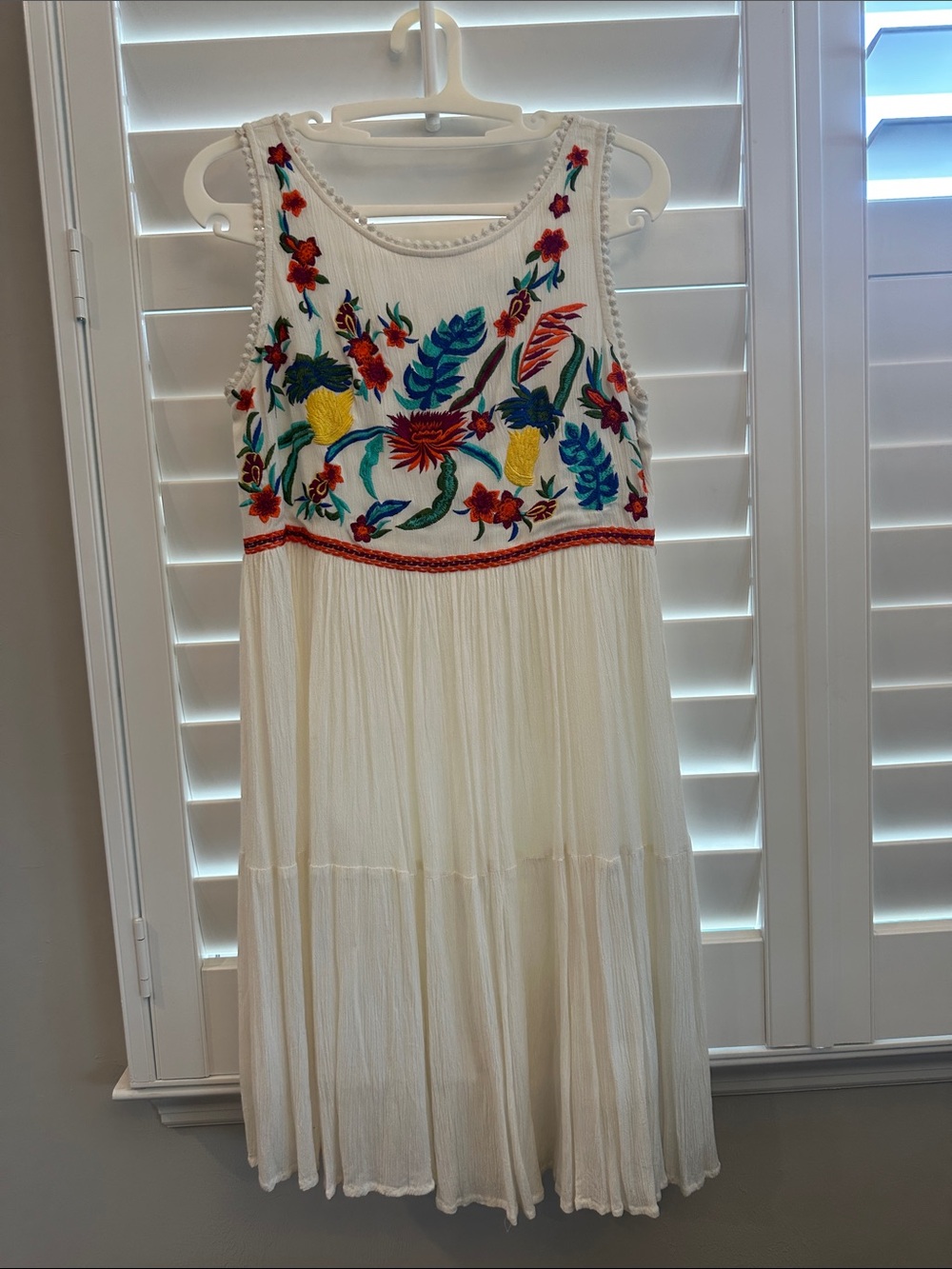 White Midi Dress with Colorful Floral Embroidery
